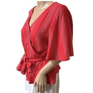 Loft Women's Red White Short Sleeve Cotton Peplum Wrap Top Medium Petite‎